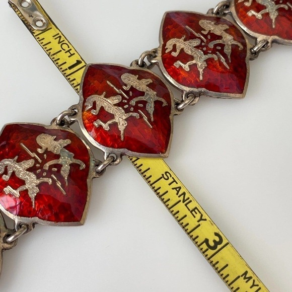 Amfarco Siam Vintage Sterling Silver Red Enamel Dancer Panel Link Bracelet 7.5" - Picture 5 of 5